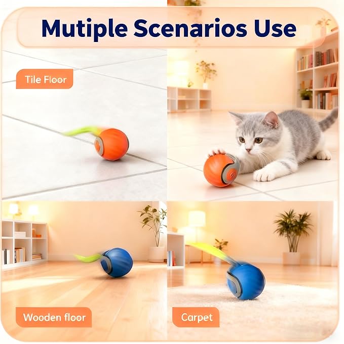 Cat Toys for Indoor Cats-Automatic Interactive Cat Toy with 2 Speeds Rechargeable Cat Enrichment Toys,Moving Cat Ball for Bored Kitties(Orange)