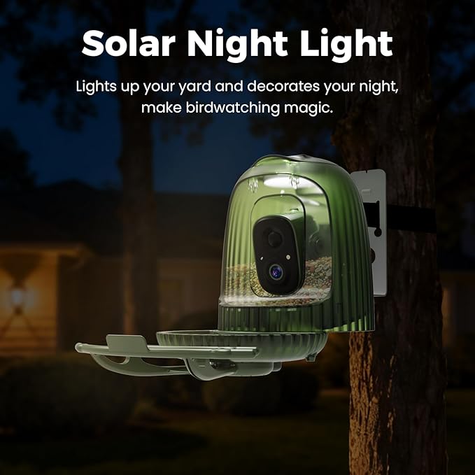 HIXX Smart Bird Feeder with Camera, AI Bird Identifier & 4MP Color Night Vision, Exclusive Vertical View Mode, Squirrel-Deterrent Design, Solar Light for Nature Lovers (White Light)