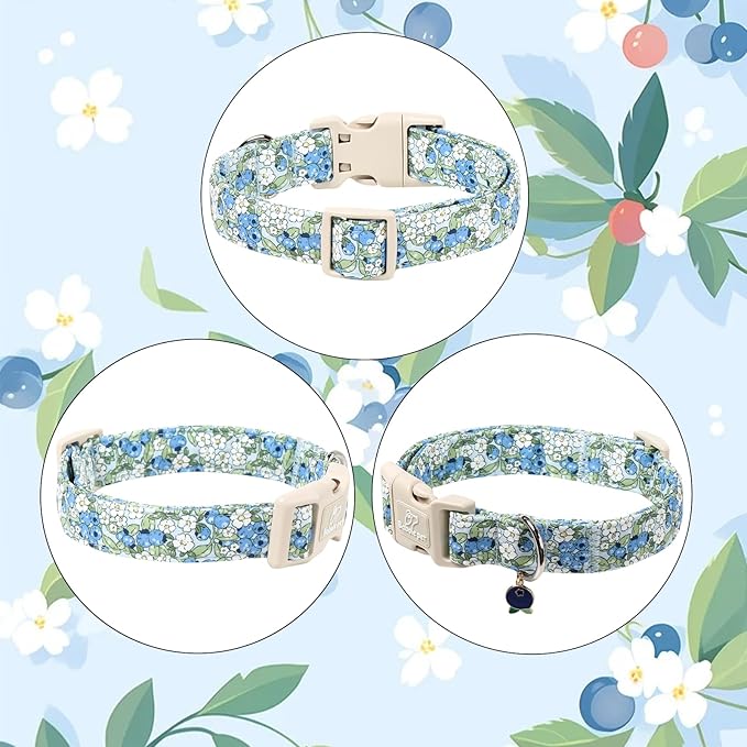 Blueberry Pattern Dog Collar, Cute Light Blue Spring Summer Puppy Collar - Soft Adjustable Designer Dog Collars for Small Medium Large Dogs M