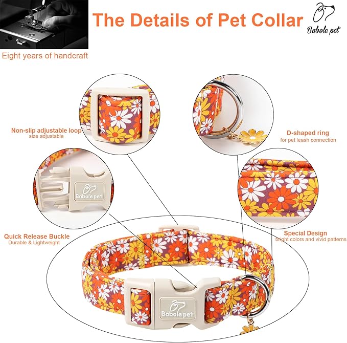 Fall Dog Collar Vintage Daisy Puppy Collar - Hippie Flower Dog Collars Light Comfortable Adjustable Pet Collars for Small Medium Large Girl Boy Dogs L