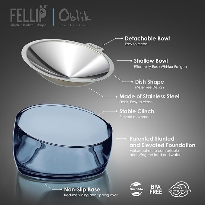Felli Oblik Elevated Cat Food Bowls 304 Stainless Steel Removable Flat Dish for Whisker Fatigue & Dishwasher Easy Clean, Raised Tilted Stand Non Slip + Wide Metal Plate Anti Vomit (0.5Cup, Shadow)