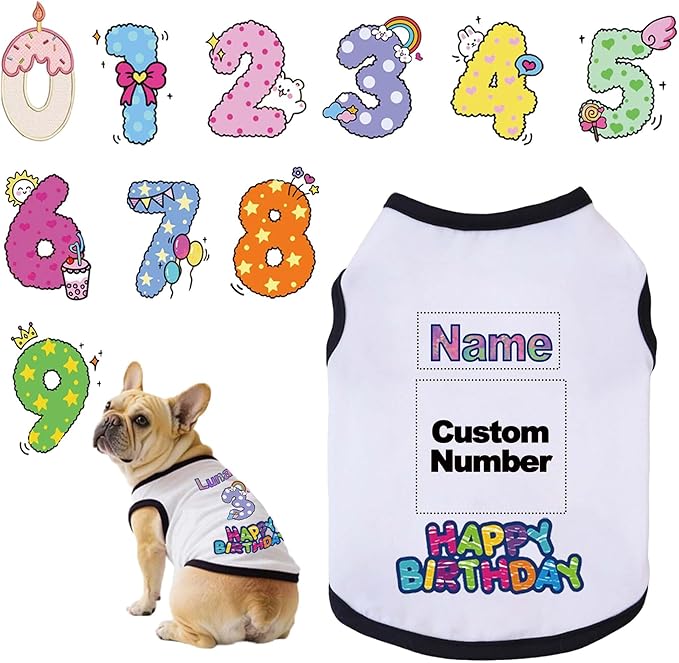 Custom Dog Birthday Shirt,Personalized Pet Apparel Print with Name Age Number,Pet Birthday Outfit,Lightweight Breathable Cotton Vest for Small Medium Large Dogs Cat (White + Black Border, Small)