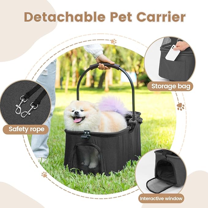 Wdyvko 3 in 1 Dog Stroller, Upgraded Frame, Up to 44lbs Pet Stroller with Dog Poop Bags & Dispenser, Zipperless Entry, Storage Basket & Pouch for Small Dogs Cats (Black)