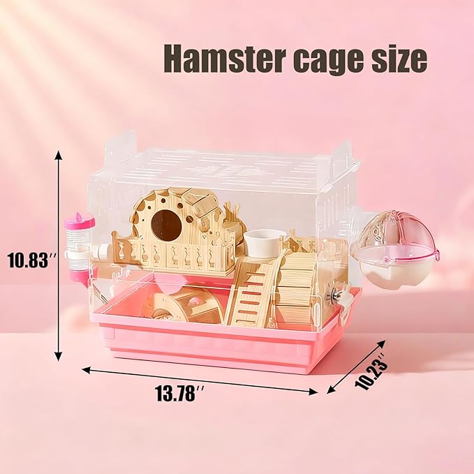 Acrylic Hamster Cage,Small Animal Houses&Habitats with Accessories,Hamster Enclosure with Stairs,Clear Pet Mice House,for Dwarf Gerbil,Dwarf Hamster,Pet Mice(Pink,13.78" L*10.23" W*10.83" H)