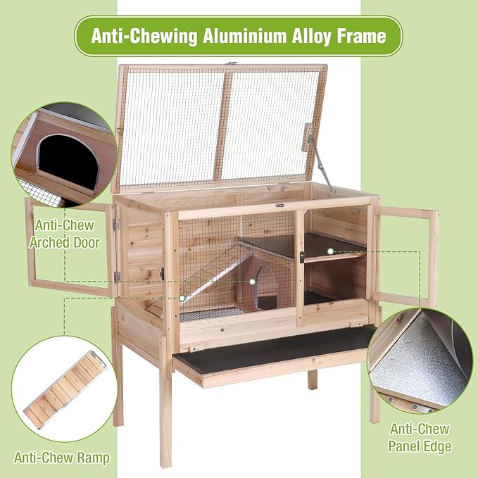 Indoor Bunny Cage Guinea Pig Cages - Wooden Small Animal Cage Rabbit Hutch with Chew-Proof Ramp, Pull-Out Tray, Leakproof PVC Layer & Detachable Legs for Rabbits, Guinea Pigs (Natural Wood)