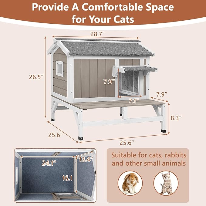 Small Insulated Cat House Weatherproof, Wooden Feral Cat House Outdoor with Cat Scratching Cloth, Balcony, Internal Dividers, Outside Indoor Cats Shelter with PVC Curtain Door, Openable Roof, Grey
