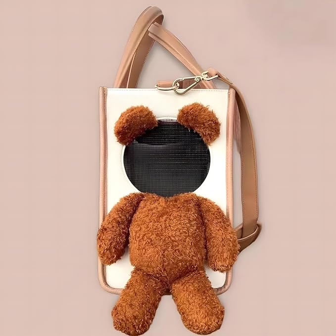 Portable Pet Carrier Bag - One-Shoulder Portable Cute Dog Outing Largecarrier Bag, Cute Bear Face Design with Peekaboo Window, Large Capacity PU Pet Out Shoulder Bag for Small Dogs & Cats (Small)