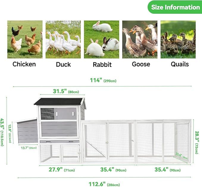KEIKI 113" Large Outdoor Wooden Chicken Coop with Run and Nesting Box, Waterproof Hen House with Anti-UV Roof, Secure Latches, and Openable Top for Backyard Poultry, Gray
