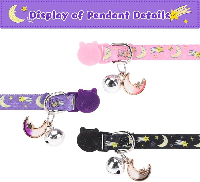 Breakaway Cat Collars with Bell & Cute Pendants, 3 Pack Safety Buckle Kitten Collars, Adjustable Pet Collar Ideal for Girl Boy Cats Puppy (Moon&Star)