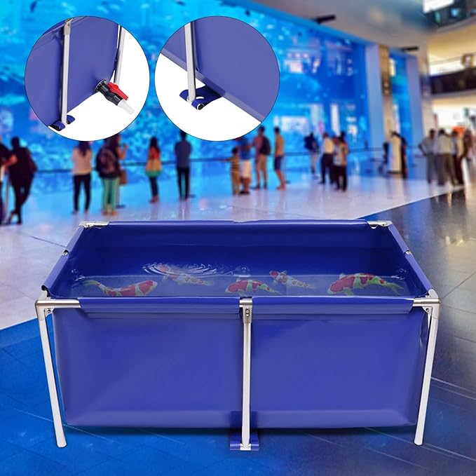JOMCYDM Aquarium Fish Water Tank Ornamental Swimming Pool Koi Breeding Pond,Canvas Above Ground Fish Pond with Steel Frame, Drain Valve, Blue Aquarium Pool, Koi Pond, Foldable Water Storage