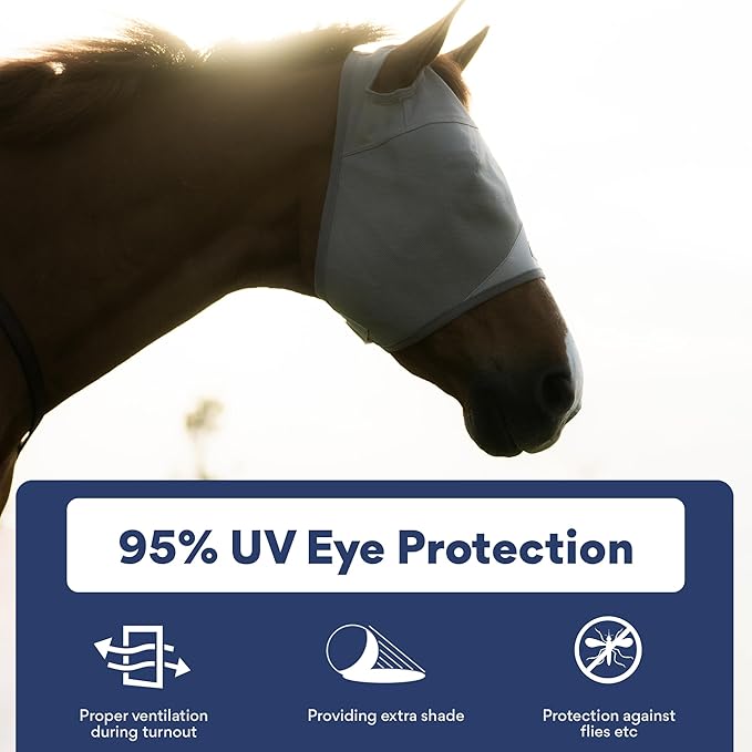 Horse Fly Mask Without Ears - 95% UV Eye Protection - Built-in Visor - Breathable, Lightweight Mask - Adjustable Fit for Horses Medium/Large Size