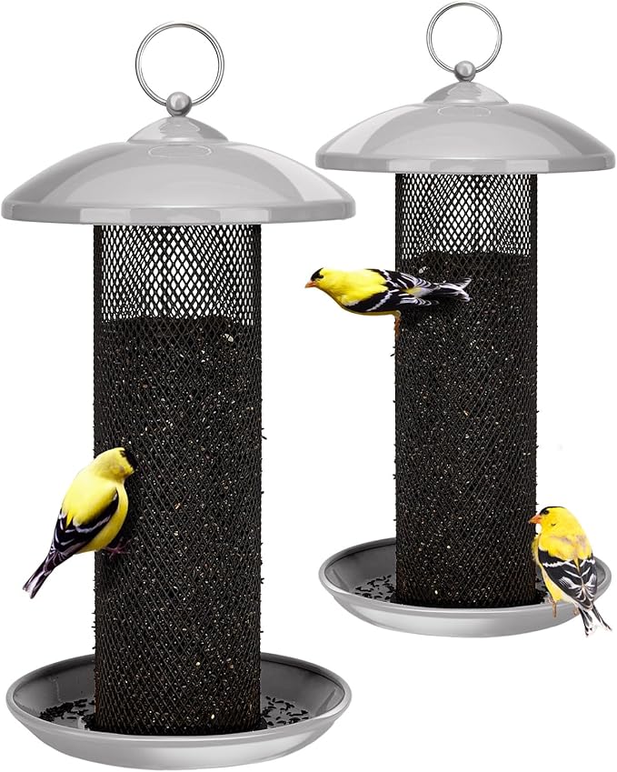 Kingsyard 2 Pack Finch Feeders for Outdoors Hanging, Metal Mesh Tube Bird Feeder for Nyjer/Thistle Seed, 2.5 lbs Large Capacity (Grey)