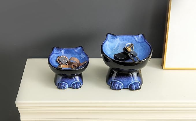 Nihow Slanted Elevated Cat Bowls: 6.25 Inch Ceramic Raised Cat Food Bowl for Protecting Pet's Spine - Microwave & Dishwasher Safe -Elegant Blue & Black (6.8 OZ /1 PC)