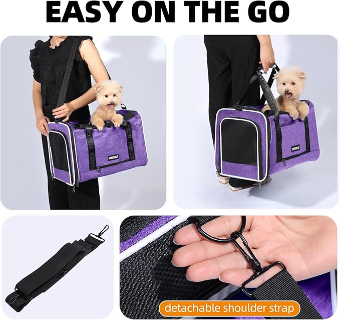 Top Open Medium Pet Carrier Roll Up Flap for Anxious Cat, Soft-Sided Small Pet Travel Crate Vet Friendly, Little Animal Yorkie Kennel Bag Suitcase Luggage Sleeve, 18x11x11 Inch Purple