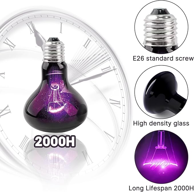 R80-100W Reptile Night Light Bulb, UVA Heat Lamp - Simulate Natural Moonlight, Purple Basking Lamp, 2000 Hours lifespan