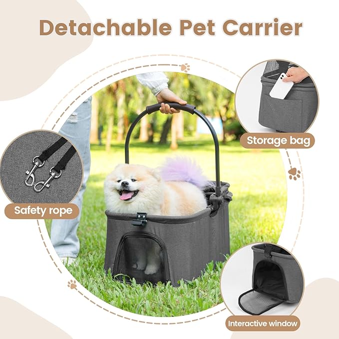 Wdyvko 3 in 1 Dog Stroller, Upgraded Frame, Up to 44lbs Pet Stroller with Dog Poop Bags & Dispenser, Zipperless Entry, Storage Basket & Pouch for Small Dogs Cats (Dark Grey)