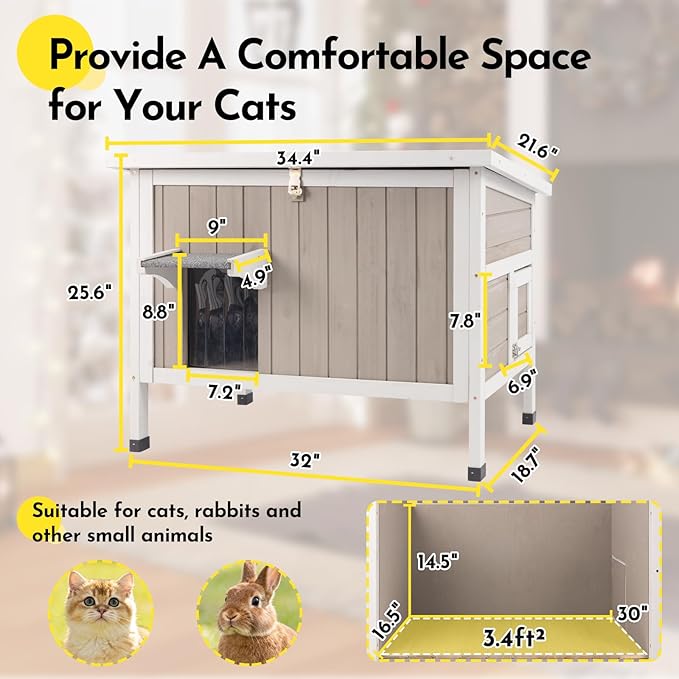 Insulated Outdoor Cat House Weatherproof, Wooden Cat House with All-Round Foam Insulation, 2 Doors, Feral Cats Shelter for Winter, 34.4''x21.6''x25.6''