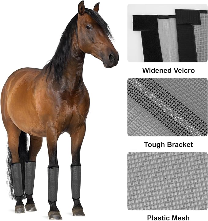 FOXLVDA Horse Fly Boots - Fly Boots for Horses Set of 4, Comfortable Horse Leggings, Mesh Material Design with Metal Support Bars for Reduces Stomping & Leg Fatigue (Dark Gray, Large)