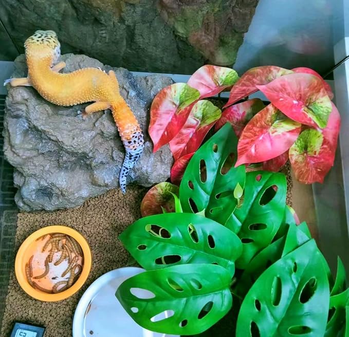 Reptile Plants for Terrarium Decor,Amphibian Habitat Decor, Bearded Dragon Tank Accessories,Artificial Plants for Gecko Chameleon Snake Tortoise with Base (Swiss Cheese)