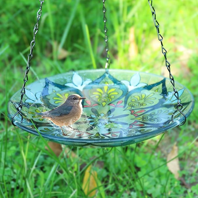 MUMTOP Hanging Bird Baths for Outdoors - Glass Bird Bath, 11 Inch Hanging Bird Bath Bird Feeder Bowl for Outside, Garden, Lawn Yard Decor (Green Kaleidoscope)