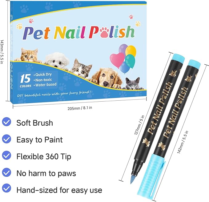 Dog Nail Polish Pens Quick Dry, 15 Colors Safe Set for DIY Pretty Nails, Ideal Gifts for Dogs Cats Light Dark Nails, Odorless, Non-Toxic, Water-Based Pet Accessories