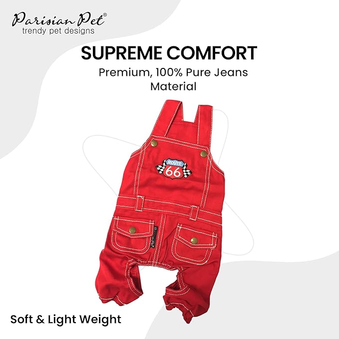 Parisian Pet Denim Overall - Embroidered 'Route 66' Red Jumpsuit - Breathable Costume - Machine Washable Outfit - Overalls for Large Dogs - L