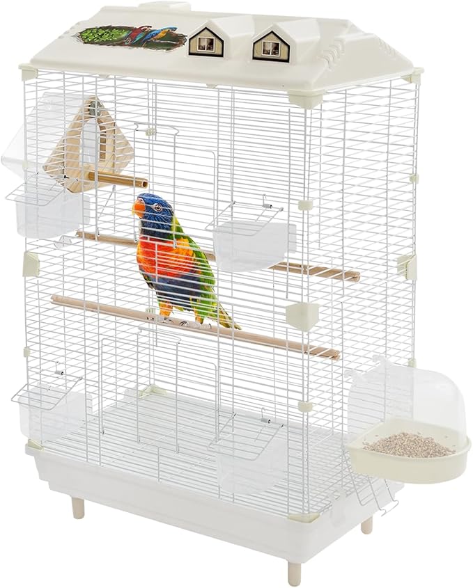 30Inch Bird Cage with Perches, Small Flight Cage with Detachable Tray 2 Tiers Iron Birdcage Freestanding Parrot Cage White for Small Medium Birds