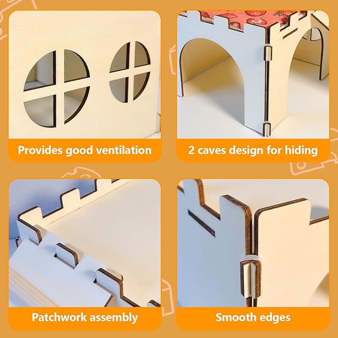 2PCS Guinea Pig Hideout,Large Wooden Guinea Pigs House with Stairs and Mats,Detachable Guinea Pig Castle Hide for Small Animals Hamster Chinchilla Ferret Habitats Accessories