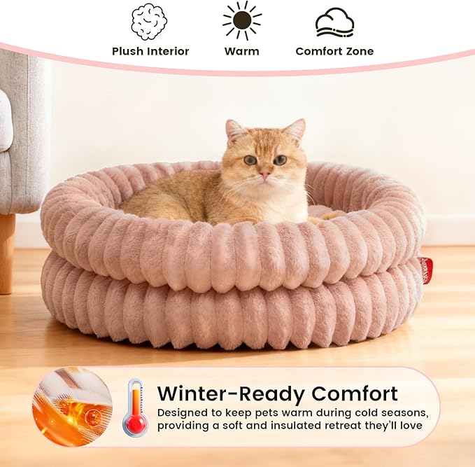 Fluffy Cat Beds for Indoor Cats, Washable Round Orthopedic Kitten Bed, Ultimate Soft Fuzzy Pet Bed for Small Dogs with Non-Slip Bottom, 19.7x19.7x6.3 in, Dark Pink