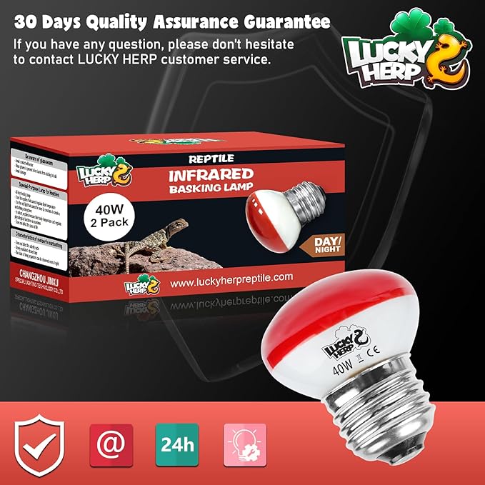 LUCKY HERP Infrared Heat Lamp, 40W Reptile Heat Lamp 2 Pack Red Heat Lamp Bulbs, Infrared Basking Spot Heat Light Bulb, Amphibians Heat Lamp Bulbs for Reptile, Geckos, Snakes, Lizard, Turtle