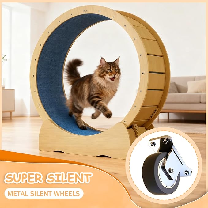 KEIKI 42" Cat Exercise Wheel for Indoor Cats, Large Quiet Treadmill Wheel with Detachable Carpeted Runway, Solid Wood Sturdy Running Wheel for Training & Play, Indoor Cat Wheel, Acacia Wood