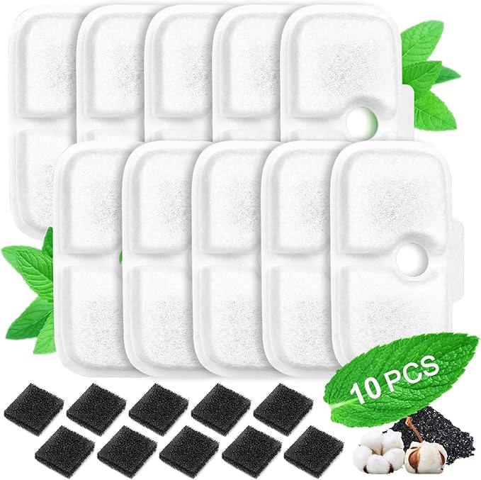 Cat Water Fountain Filters,10 Pack Replacement Compatible with 2.5L/84oz Dockstream Cat Fountain PLWF005/PLWF115/PLWF105(10 Triple Action Filters&10 Sponges)