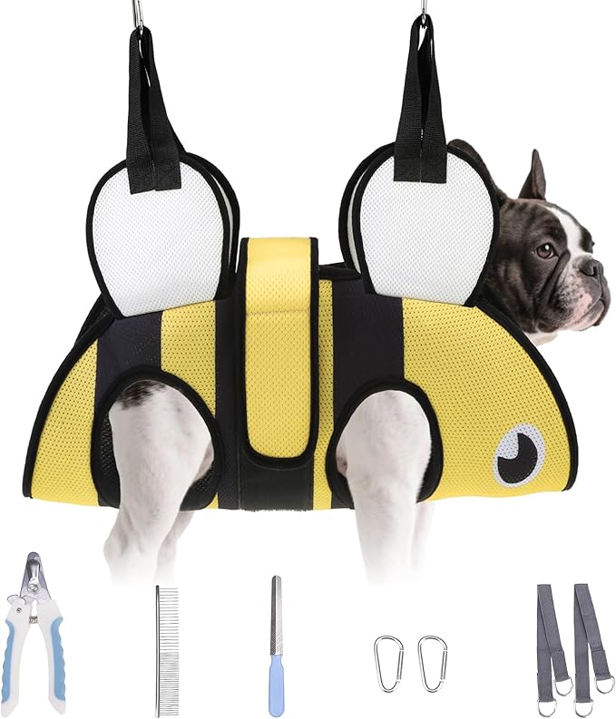 Dog Grooming Hammock for Small Dogs Cats, Cute Bee Design Dog Hanging Harness for Nail Trimming/Clipping,Pet Sling with Grooming Kit and Thick Neck Support & Strap Restraint Claw Care, S