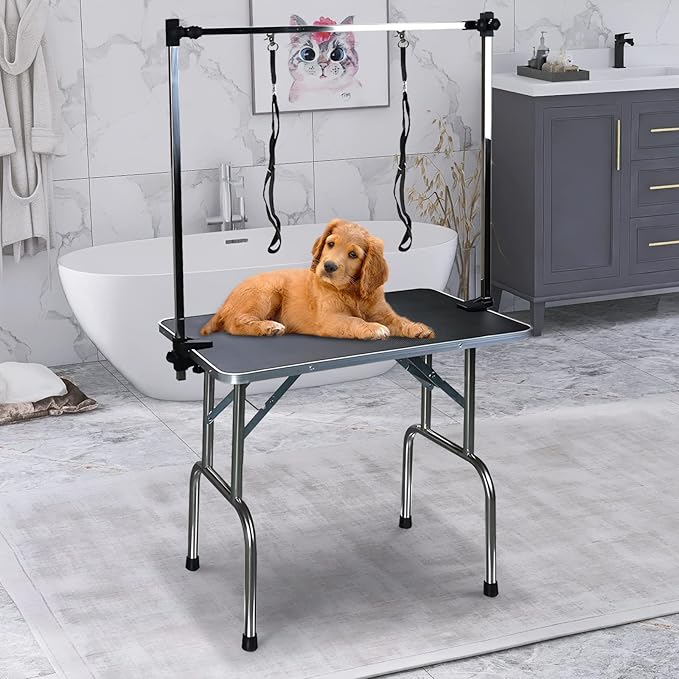 SoarFlash Pet Dog Grooming Table Foldable,Heavy Duty Foldable Pet Grooming Table with Arm & Noose & Mesh Tray, Maximum Capacity Up to 330lbs, 42inch, Black