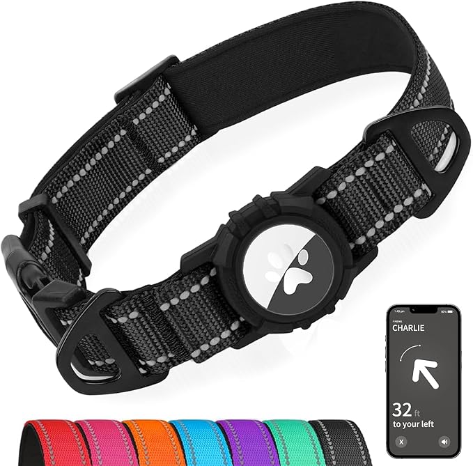 Joytale Airtag Dog Collar, Dual D-Rings, Waterproof Reflective Pet Collar with AirTag Holder, Soft Padded Adjustable for Large Dogs, Black, L