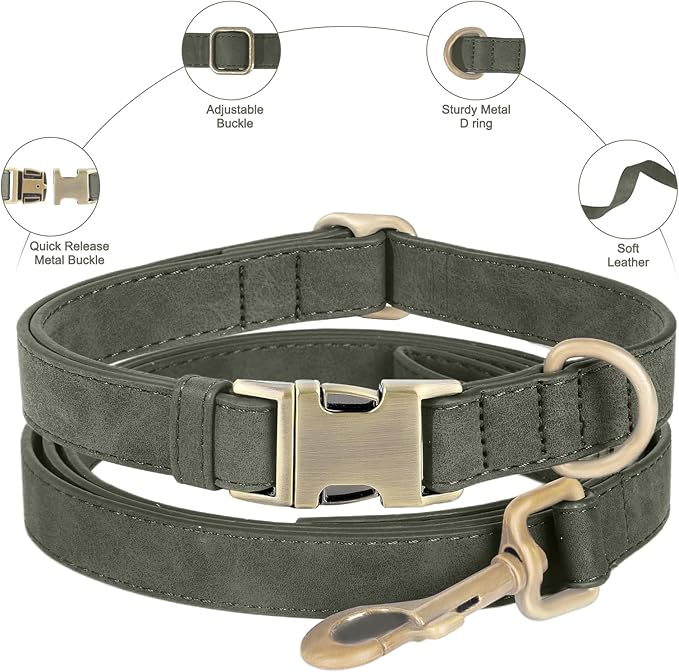 Genuine Leather Dog Collar - Adjustable Pet Collar with Quick Release Metal Buckle, Soft Skin Friendly Real Leather Collar for Small, Medium, Large Dogs (Dark Green, L：Fit 15-23" Neck)