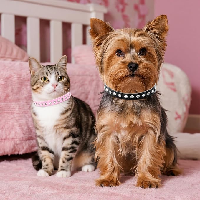 Small Dog Collars Bling Puppy Collars Diamond Pet Collars PU Leather Sparkly Rhinestone Glitter Adjustable Jewelry Neck Collars for Small Pet (Pink, S)