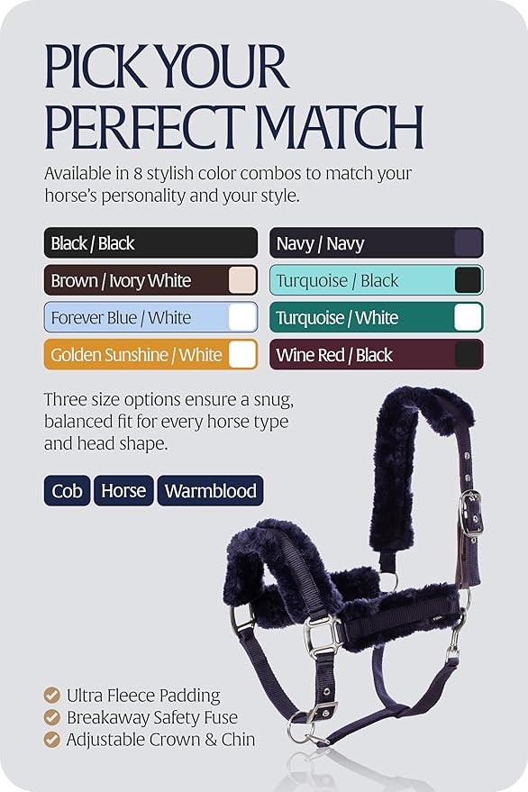 Equinavia Valkyrie Ultra Fleece Breakaway Horse Halter | Padded Fleece Adjustable Safety Halter with Nylon Webbing - Navy/Navy - Warmblood
