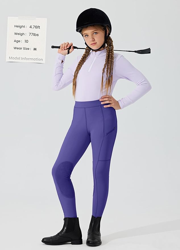 Willit Girls Horse Riding Pants Tights Kids Equestrian Breeches Knee-Patch Youth Schooling Tights Zipper Pockets
