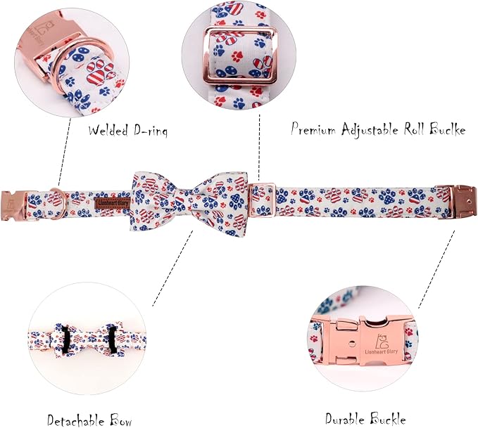 Lionheart Glory American Flag Dog Collar - 4th of July Collar with Adjustable Bow for Large Dogs