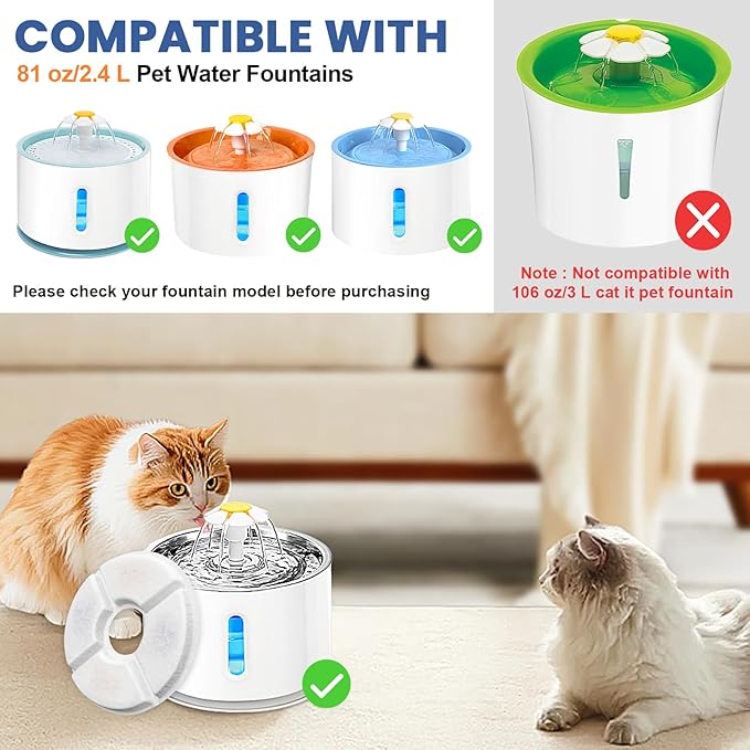 Cat Water Fountain Filter Replacement, 4 Pcs Cat Fountain Filters Dia is 5" with 3-Filtration System, Round Cats Carbon Filters Compatible with 81oz /2.4L Round Automatic Pet Fountain Water Dispenser