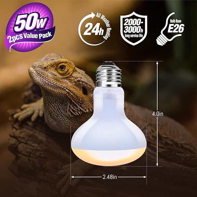 Leoterra Reptile Heat Lamp Bulb 50W 2-Pack, UVA Basking Bulb for Bearded Dragon, Tortoise, Gecko & Chameleon, E26 Base Reptile Heating Lamp for Terrarium, Long-Lasting, Applicable Thermostats 120V