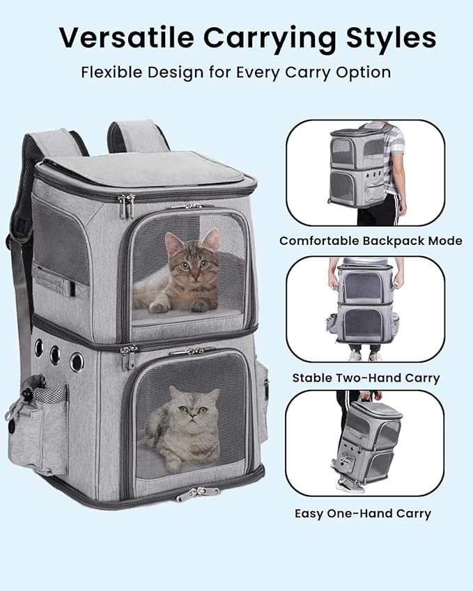 Double-Compartment Pet Carrier Backpack for Small Cats and Dogs, Cat Travel Carrier for 2 Cats, Perfect for Traveling/Hiking/Camping, Grey