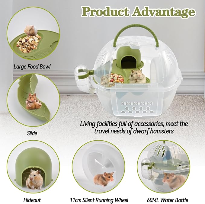 Dwarf Hamster Travel Carrier,Portable Hamsterl Cage Carrier with Silent Exercise Wheels Water Bottle Food Dish 2 Tiers Small Animal Breathable Carry Case for Mice Rat Sugar Glider(Green)