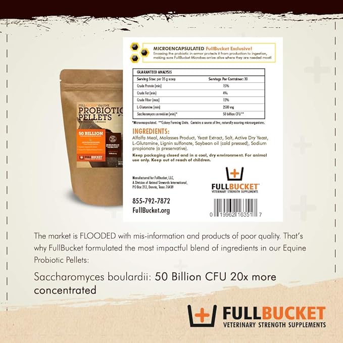 FullBucket Equine Probiotic Pellets with Saccharomyces boulardii for Horses Under High Stress or for Horses with Ongoing Digestive Issues; 20x More Concentrated and 50 Billion CFUs - 30 Servings