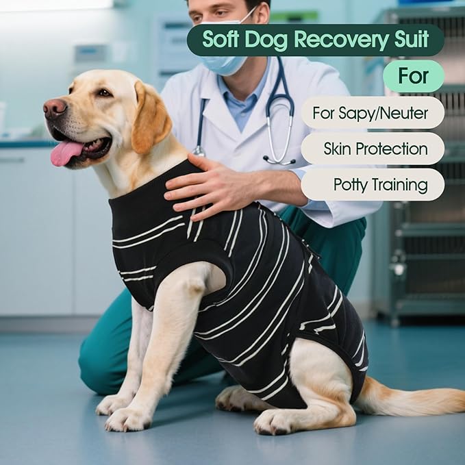 Kuoser Dog Surgery Recovery Suit for Female Male Dogs, Stripes Spay Neuter Anti-Licking Dog Onesie, Surgical Suit Snugly Pet Post Surgery Vest Bodysuit for Abdominal Wounds Skin Disease, Black 2XL