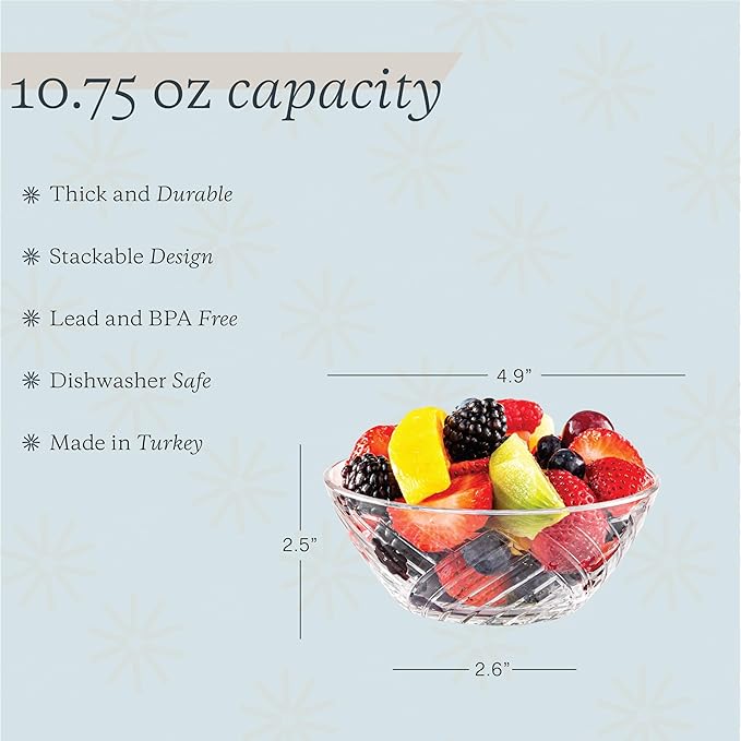 Vikko Glass Bowls - Set of 6 Decorative Dessert Bowls, 10.75 Ounce Glass Dish for Dessert, Candy, Kitchen Prep, Dishwasher Safe