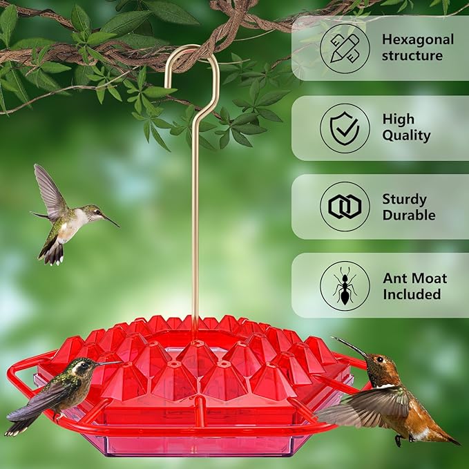 Hummingbird Feeders for Outdoors,Hanging Ant and Bee Proof,30 Feeding Ports Shirem Hummingbird Feeder,Built-in Ant Moat,Easy to Fill and Clean,14 Ounces (1 Pack)
