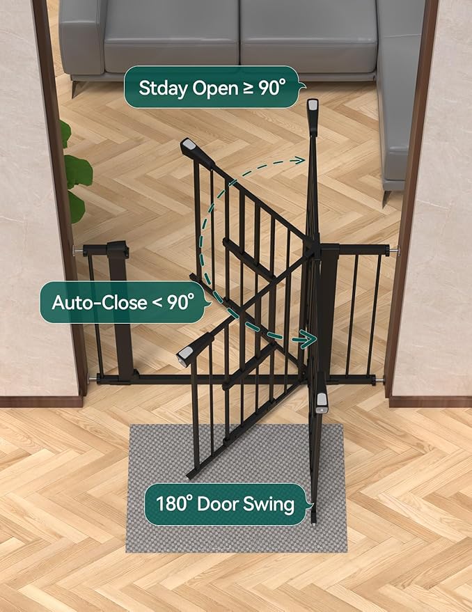 Babelio 36 Inch Extra Tall Baby Gate with Cat Door, 29-48" Auto Close Pet Door for Stairs, Doorways and House, with Wall Cups, Black