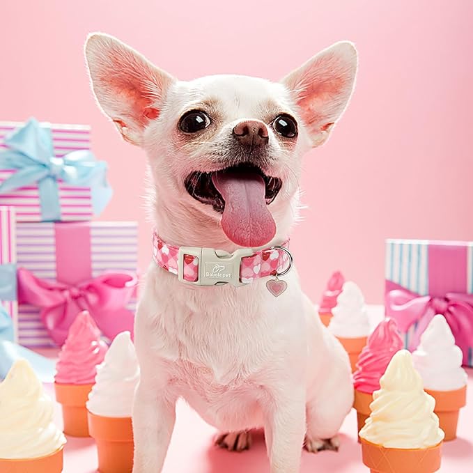 Valentines Dog Collar for Small Dogs - Cute Valentine Pink Hearts Girl Dog Collars, Adjustable Girly Puppy Collar with Quick Release Buckle for Female Dogs S